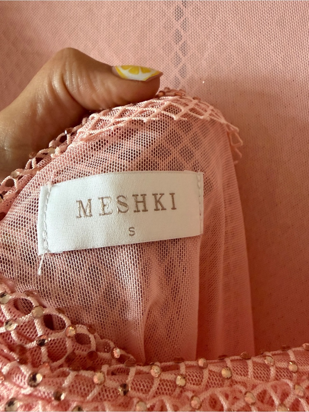 Meshki Samira Flare Sleeve Diamante Mesh Mini Dress Baby Pink size Small - Picture 6 of 8
